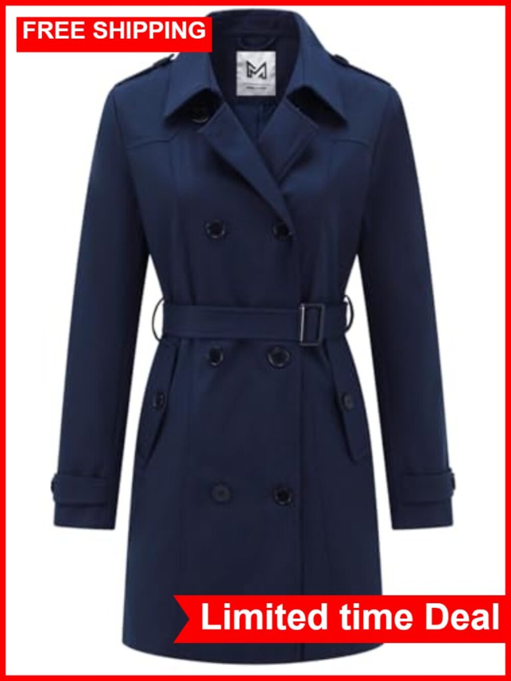Women's Double-Breasted Belted Trench Coat Lightweight Water Repellent